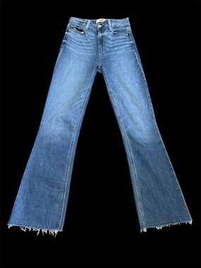 PAIGE Medium Blue High-Rise Flare Jeans with Frayed Hem - Women